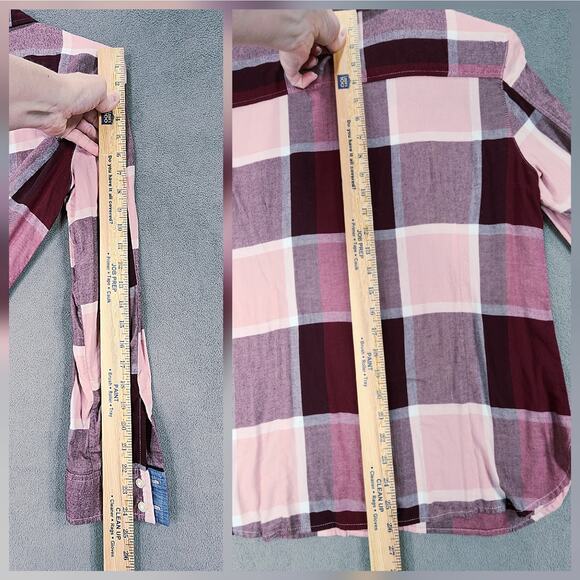 Tommy Hilfiger Button Up Shirt sz M Women Buffalo Plaid Red Purple Pink Roll Tab - Picture 4 of 12